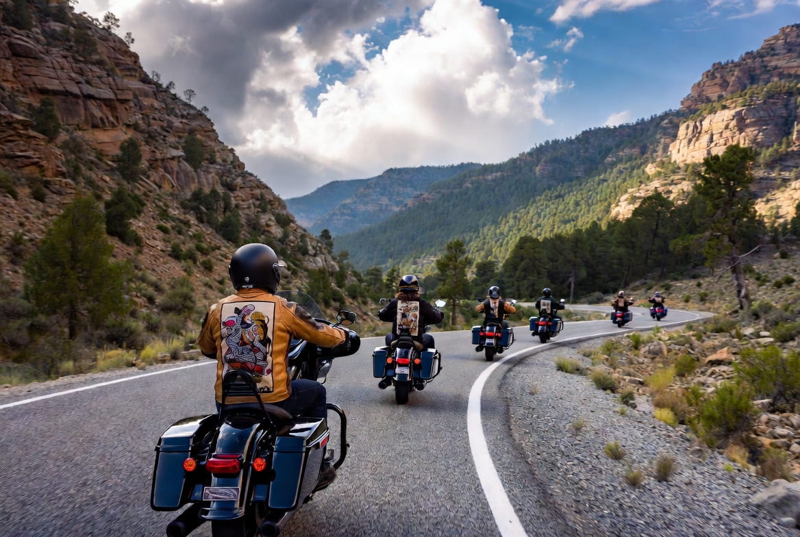 Motorcycle club riders on a canyon road in colors with embroidered back patches