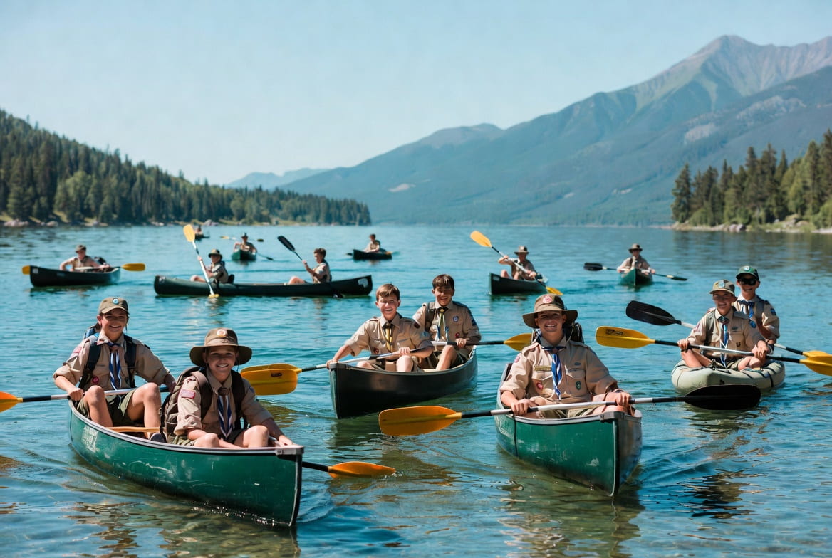 Boy Scout troop canoeing on a mountain lake during a high-adventure trip