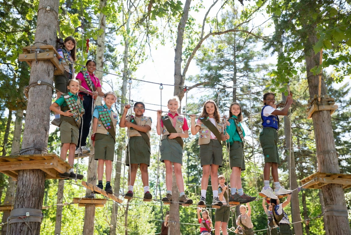 Girl Scout troop on a forest ropes course in uniform