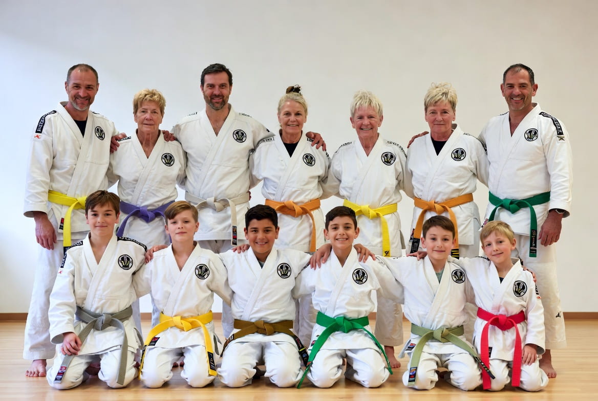 Multi-generational dojo class in gis with school crest patches