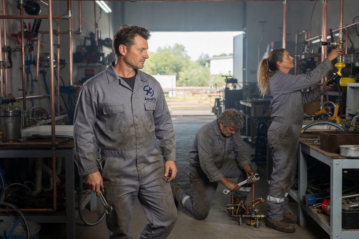 Plumbing crew in branded coveralls with embroidered company patches working in a shop