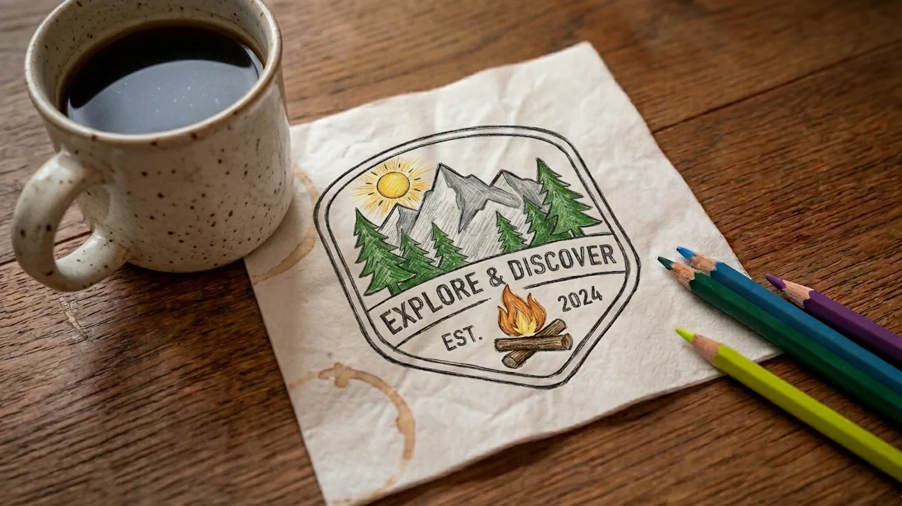 Amateur sketch of a patch design being refined by AI — rough pencil lines evolving into a clean production-ready patch.