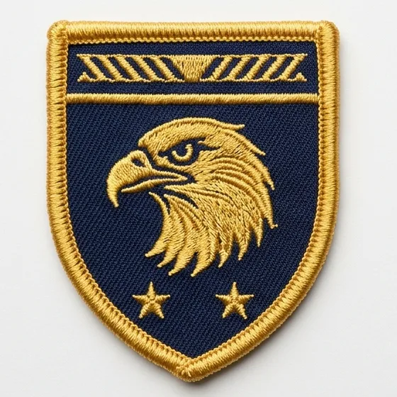 Shield-shaped patch design with a merrowed embroidered border