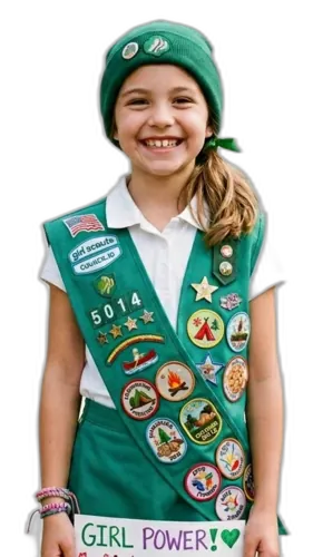 Girl Scout showing her sash of earned patches