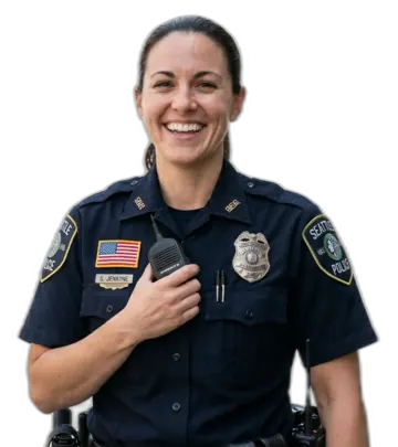 Seattle Police officer in uniform with patches