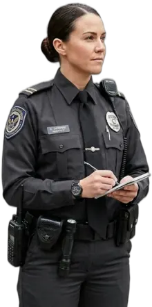 Female police officer on patrol with uniform patches