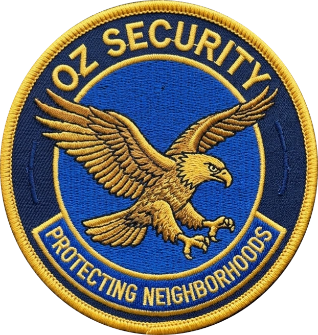 Oz Security embroidered patch - gold eagle with "Protecting Neighborhoods" banner