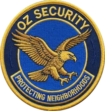 Embroidered security patch with a gold eagle and Protecting Neighborhoods banner