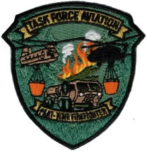Embroidered wildland fire aviation patch with helicopters carrying water buckets