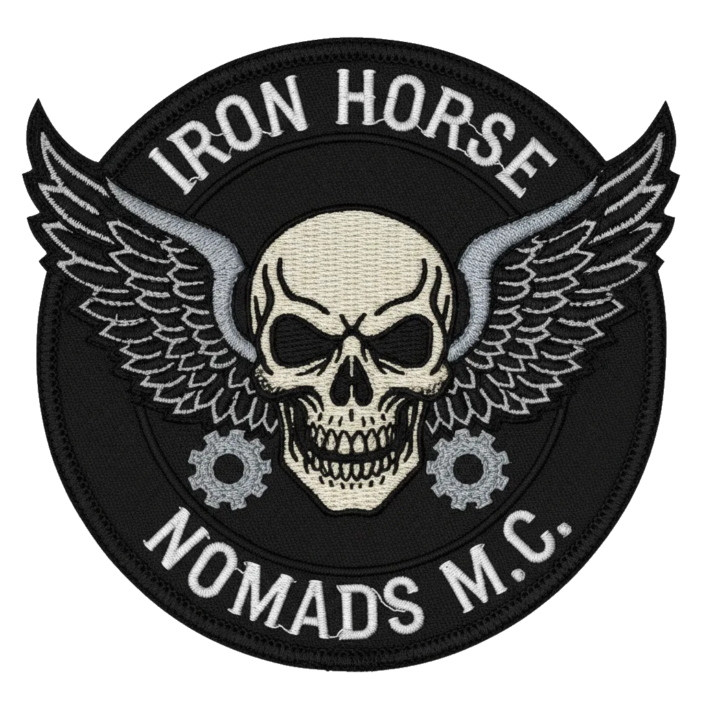 Custom motorcycle club crest patch design — AI-generated back patch for riding club — custom embroidered patch designed with AI on PatchDesign.AI