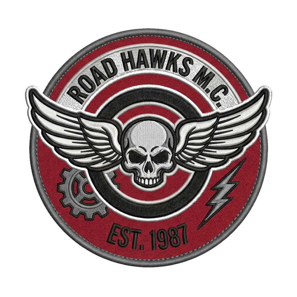 Custom biker club patch — bold crest design for MC chapter vest — custom embroidered patch designed with AI on PatchDesign.AI