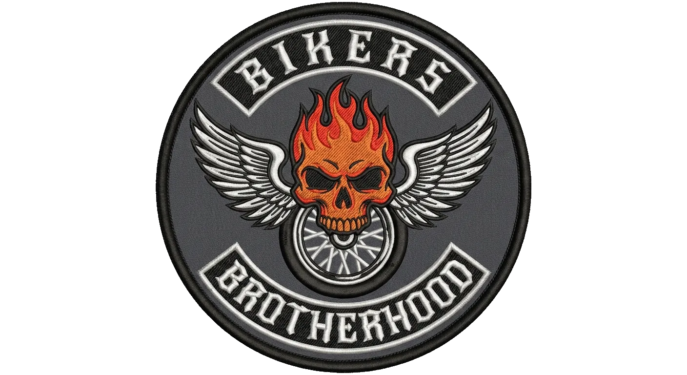 Bike club charity ride event patch — rocker-style border with club name — custom embroidered patch designed with AI on PatchDesign.AI