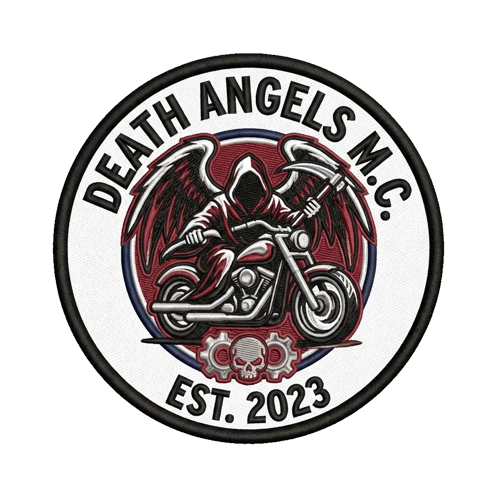 MC three-piece back patch design — top rocker, crest, and bottom rocker — custom embroidered patch designed with AI on PatchDesign.AI