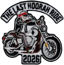 Embroidered motorcycle rally patch with a bearded rider on a cruiser