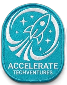 Accelerate Techventures teal oval patch - white rocket launching through stars with "ACCELERATE TECHVENTURES" wordmark
