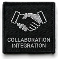 Collaboration Integration black square patch - silver handshake emblem with "COLLABORATION INTEGRATION" wordmark