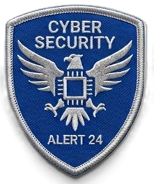 Cyber Security Alert 24 shield patch - royal blue with silver eagle clutching a CPU chip