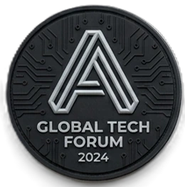 Global Tech Forum 2024 black circle PVC patch - silver "A" monogram surrounded by circuit traces