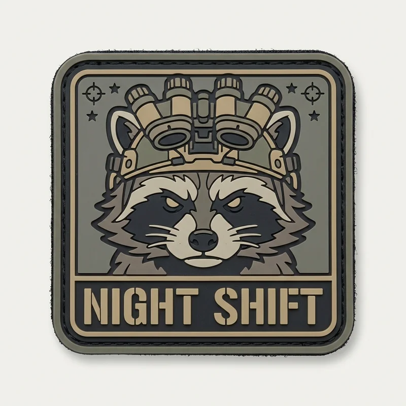 Original tactical-humor morale patch made with our AI patch generator: a raccoon in night-vision goggles over a Night Shift banner, in subdued gray and tan PVC