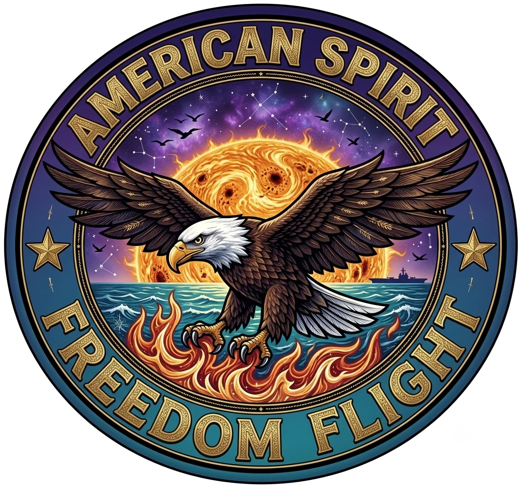 The same bald eagle design produced as a dye-sublimated printed patch — full-colour galaxy sky, a blazing sun, gradient ocean and per-feather detail