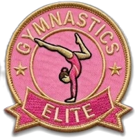 Gymnastics Elite embroidered patch - pink shield with gymnast silhouette and gold banner — custom embroidered patch designed with AI on PatchDesign.AI