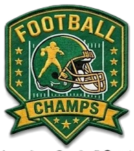 Football Champs embroidered shield patch - green and yellow with helmet and stars — custom embroidered patch designed with AI on PatchDesign.AI