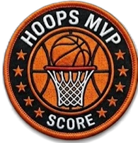 Hoops MVP basketball embroidered patch - orange and black circular design with basketball and net
