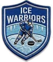 Ice Warriors hockey embroidered shield patch - blue with player and puck on ice — custom embroidered patch designed with AI on PatchDesign.AI