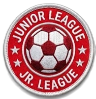Junior League soccer embroidered patch - red and white with soccer ball and stars — custom embroidered patch designed with AI on PatchDesign.AI