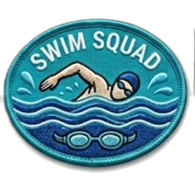 Swim Squad embroidered oval patch - teal with swimmer, waves, and goggles — custom embroidered patch designed with AI on PatchDesign.AI