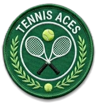 Tennis Aces embroidered patch - green with crossed rackets, ball, and laurel wreath — custom embroidered patch designed with AI on PatchDesign.AI