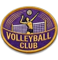 Volleyball Club embroidered oval patch - purple and gold with player silhouette and net — custom embroidered patch designed with AI on PatchDesign.AI