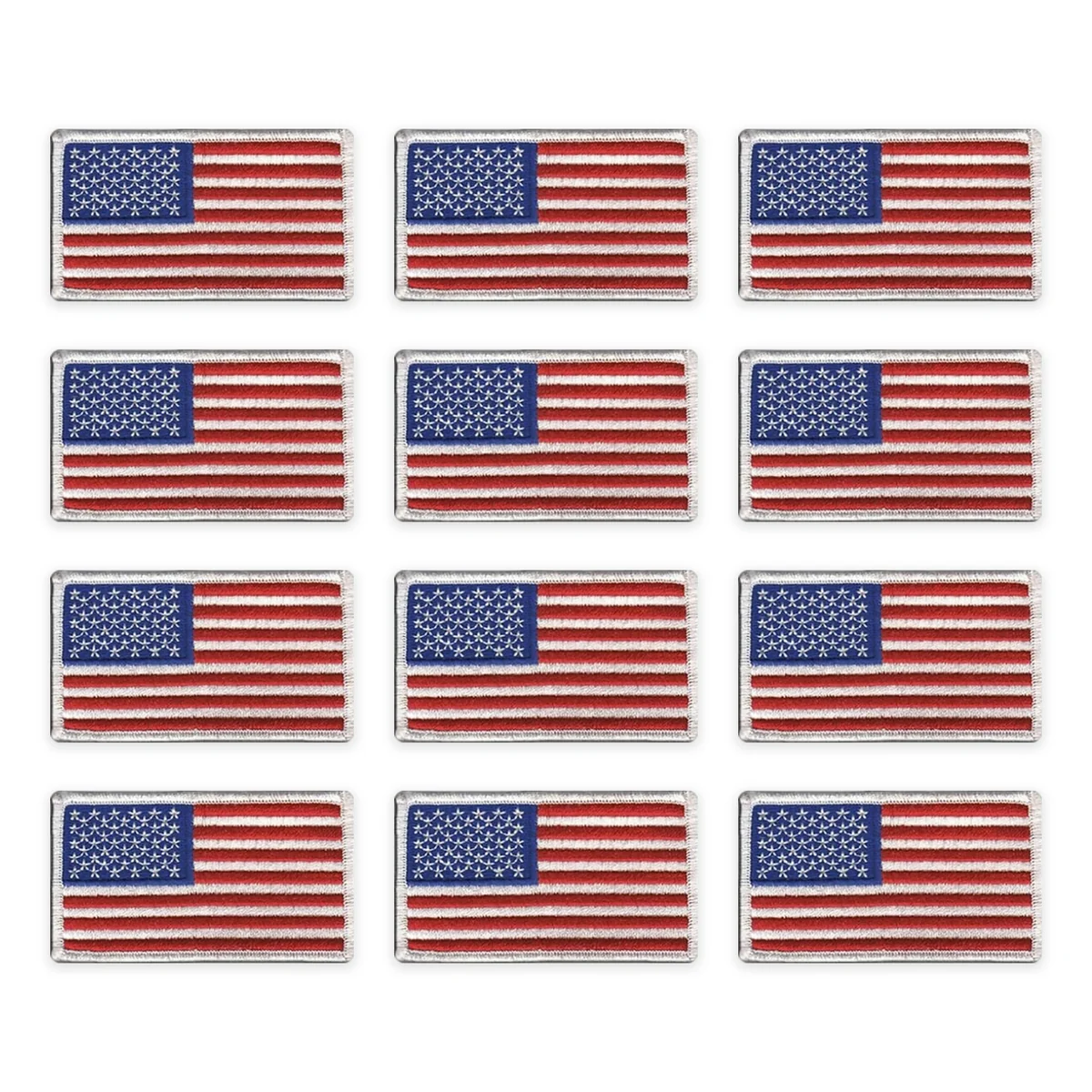 Twelve Cadenza standard American flag patches with white borders, shown as a full grid