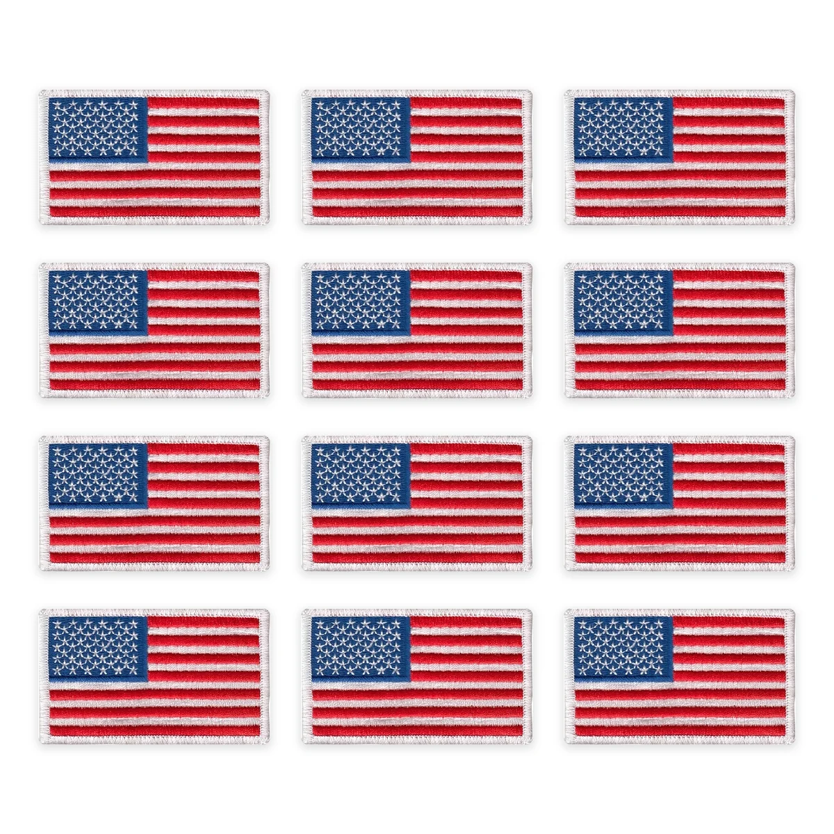 Twelve Cadenza american flag patch, white border patches shown as a full grid