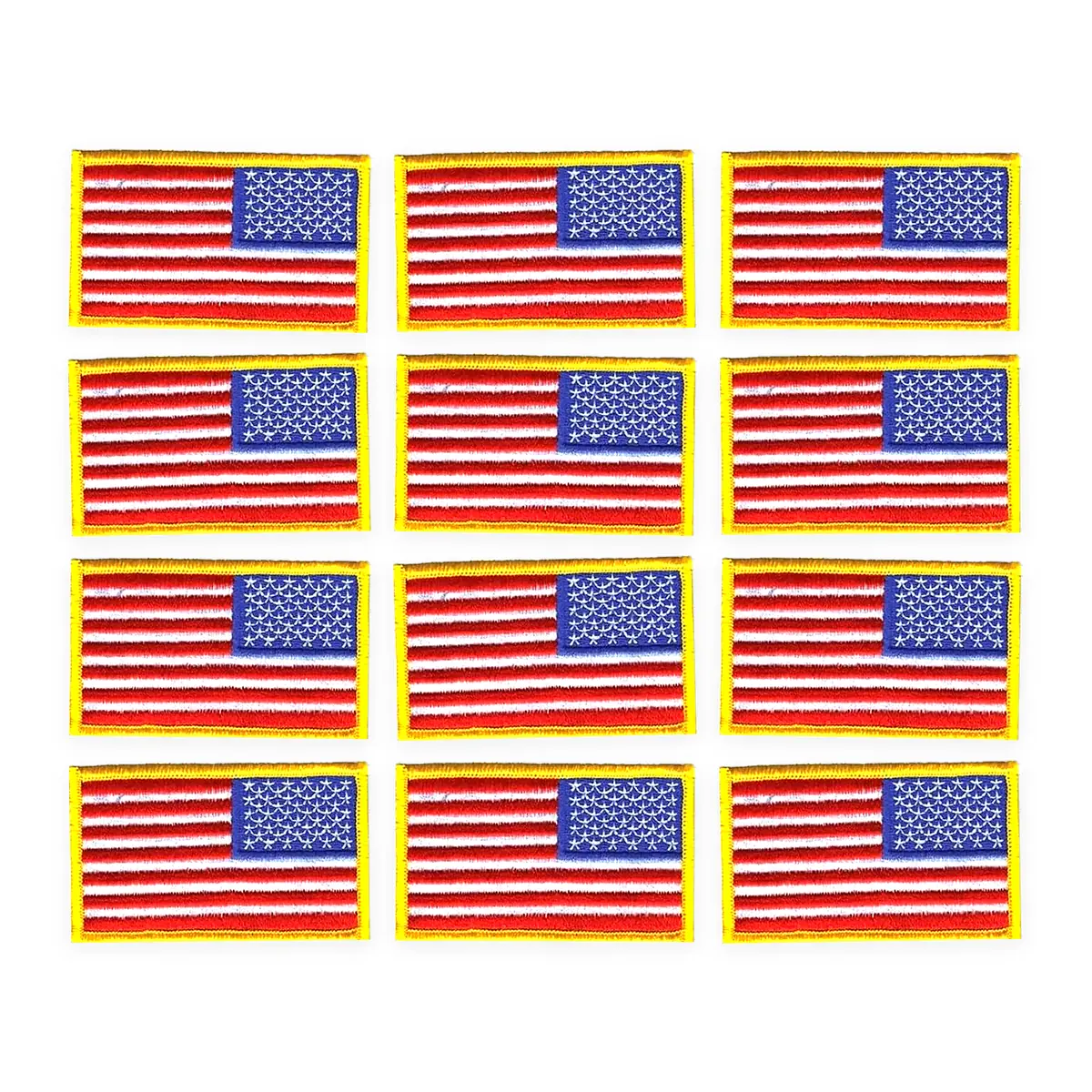Twelve Cadenza reverse American flag patches with gold borders, shown as a full grid