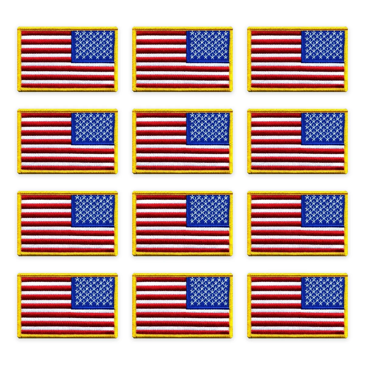 Twelve Cadenza reverse american flag patch, gold border patches shown as a full grid