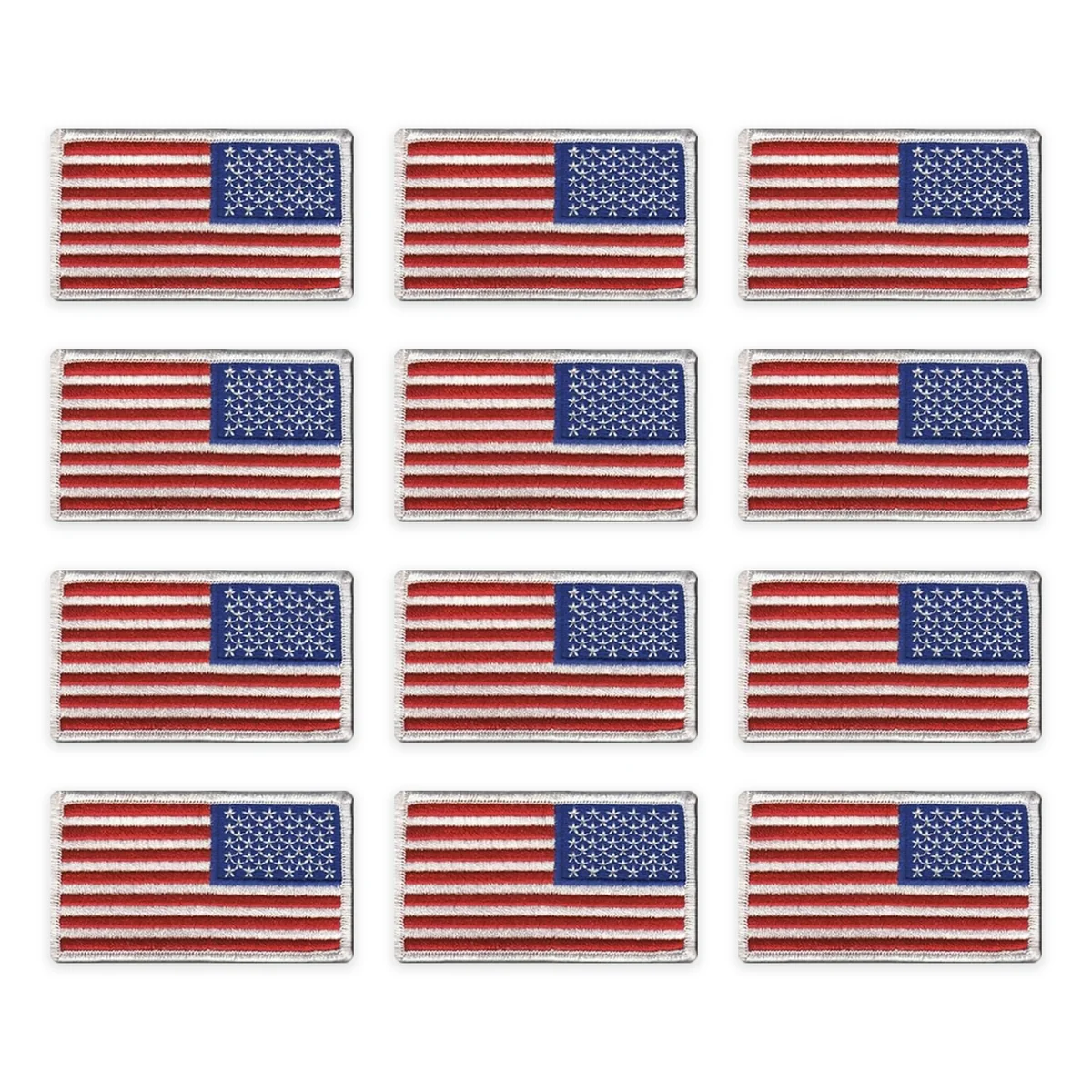 Twelve Cadenza reverse American flag patches with white borders, shown as a full grid